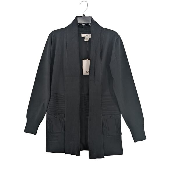 Magaschoni Open Front Cardigan Small Black Ribbed Knit Long Sleeve Front Pockets - Picture 12 of 12